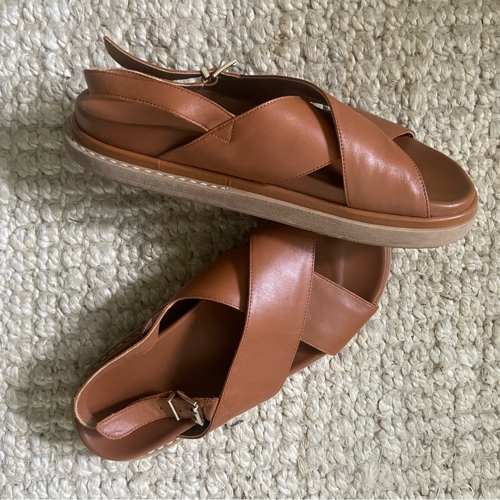 ALOHAS Brown Leather Criss Cross Sandals Marshmallow